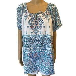 Women 3X Everyday Blouse Blue White Floral Keyhole Stretch Comfortable New